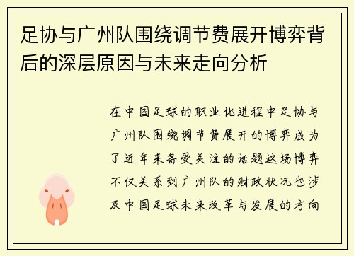 足协与广州队围绕调节费展开博弈背后的深层原因与未来走向分析